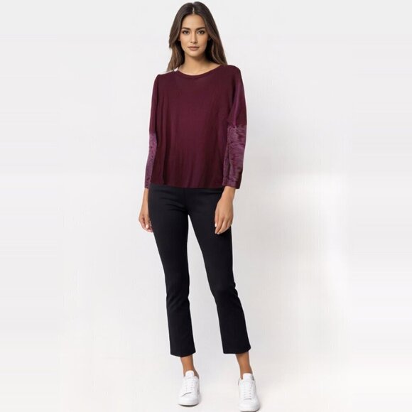 Bordeaux Burgundy Long Crochet Sleeve Shirt Jersey Knit Top - Picture 2 of 8